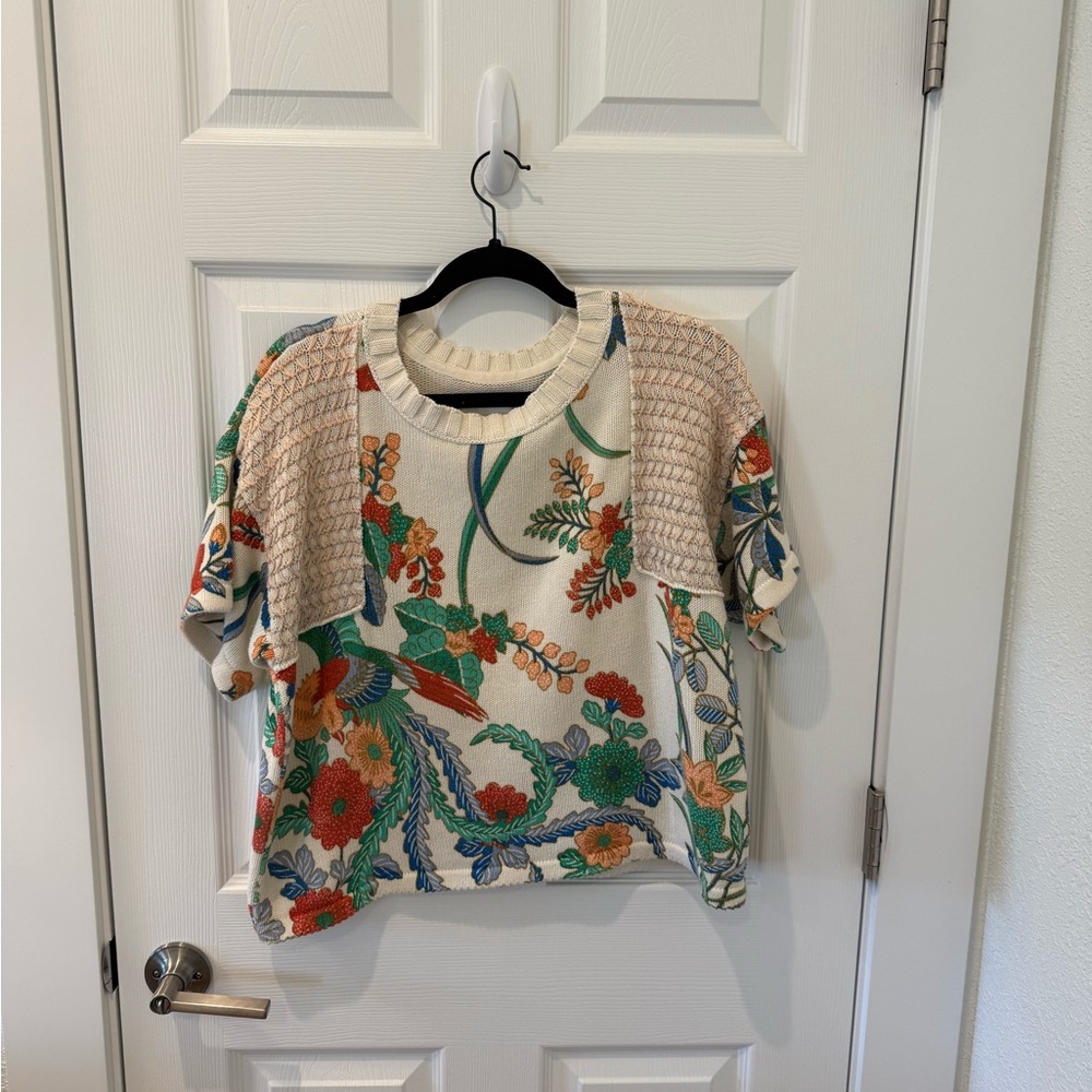 Anthropologie Cream Floral Knit Sweater